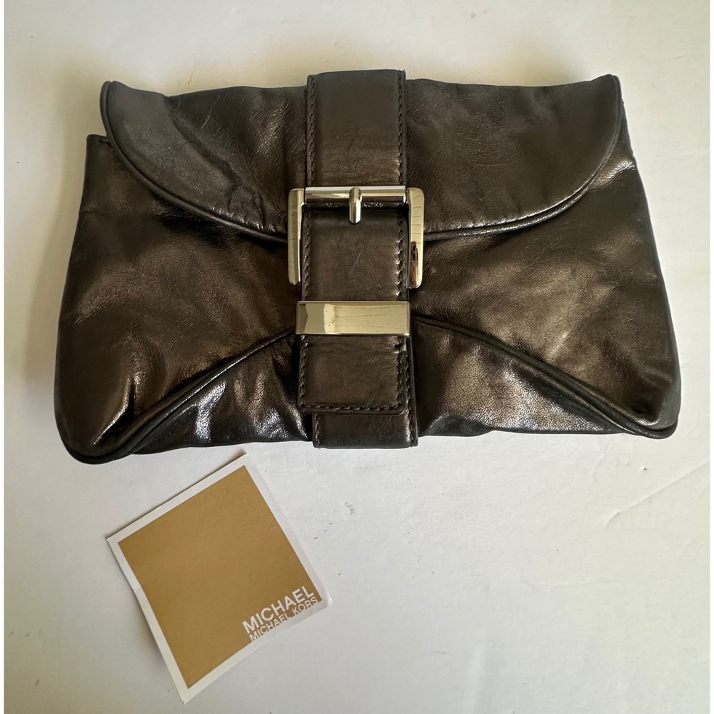 Y2K Michael Kors Heidi Clutch Metallic Pewter Leather Buckle Evening Bag NEW‎